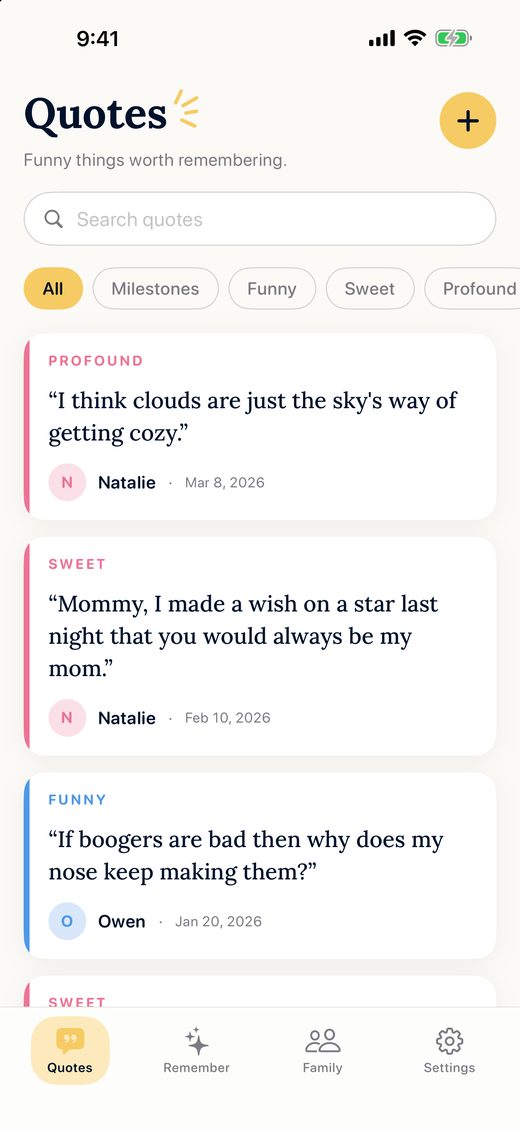 The Kidisms quote feed, showing saved quotes tagged funny, sweet and profound