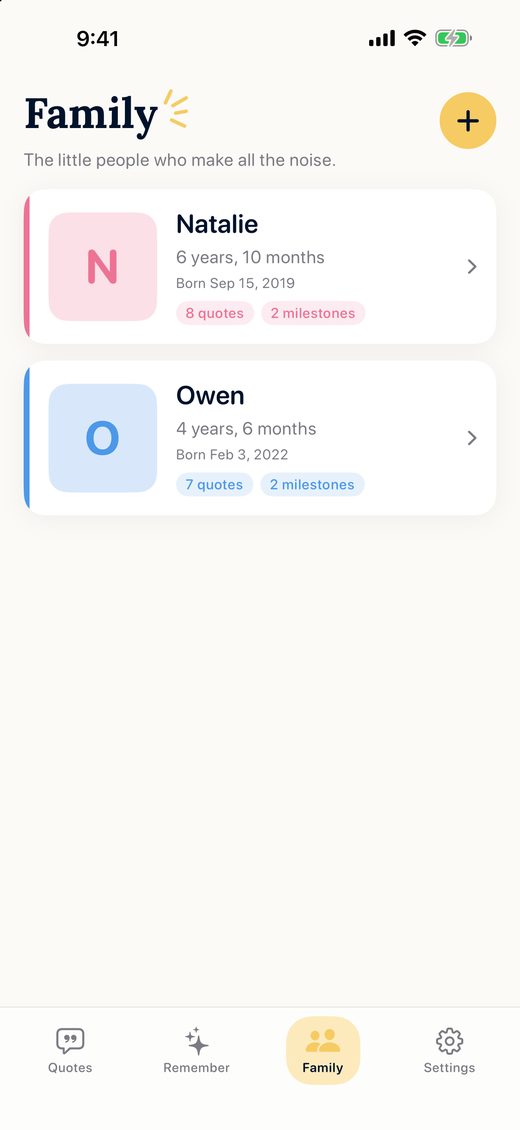 The Family screen listing each child with their age and quote count