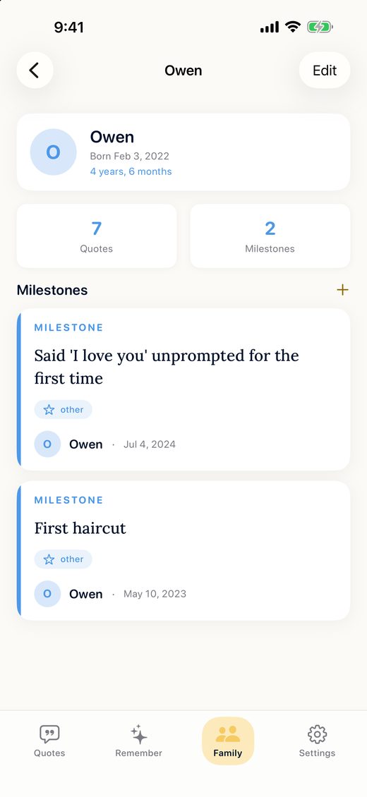 A child's page showing quote and milestone counts and saved milestones