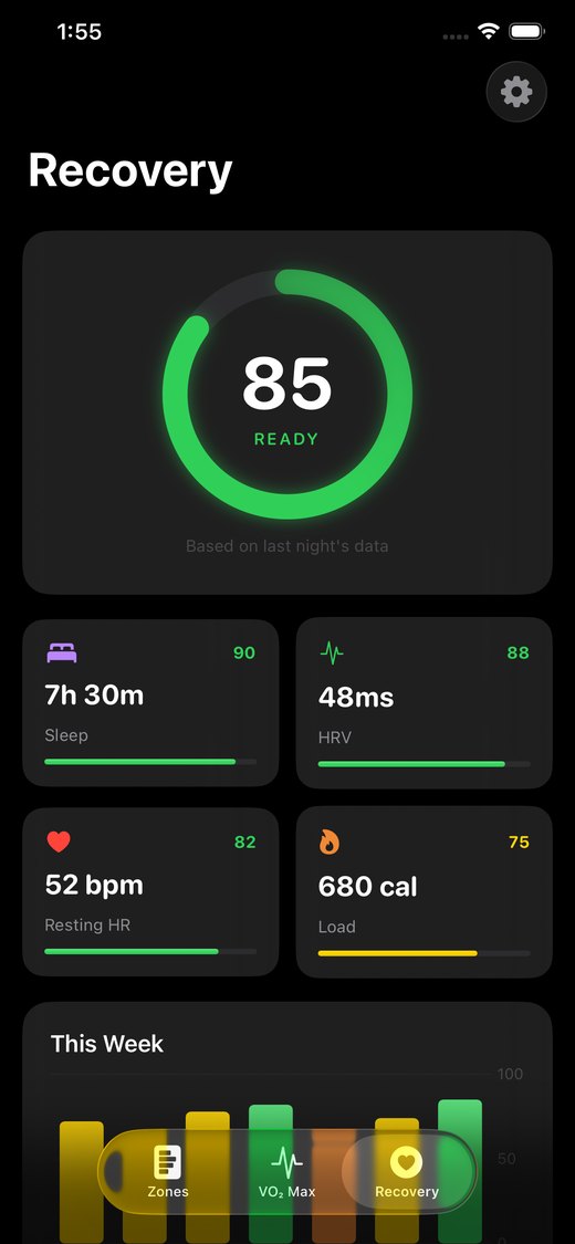 The Recovery screen, showing an 85 Ready score with sleep, HRV, resting heart rate and training load breakdowns